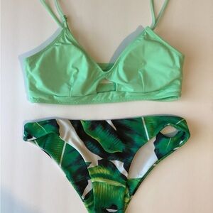 Green Bikini Set with Tropical Print